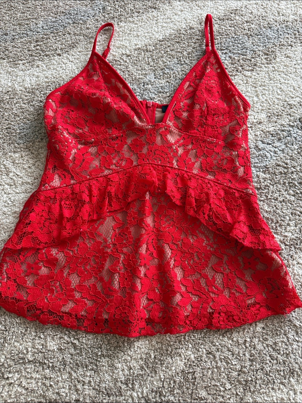 French Connection Red Lace Ruffle-Hem Camisole with Adjustable Spaghetti Straps